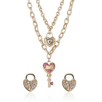 Juicy Couture Key Charm Layered Necklace and Lock Earring Set
