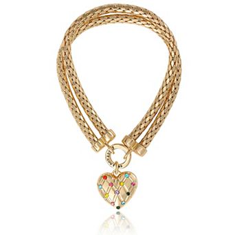 Juicy Couture Double Chain Heart Padlock Bracelet, Gold‑Tone with Rainbow Crystals