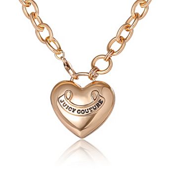 Juicy Couture Puffy Heart Necklace Gold Tone, Logo Heart Ladies Necklace Long 28"+2", Juicy Gifts