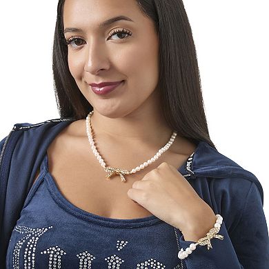 Juicy Couture Pearl Necklace with Pavé Bow, Gold‑Tone Accents