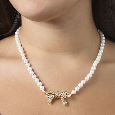 Juicy Couture Pearl Necklace with Pavé Bow, Gold‑Tone Accents