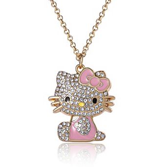 Sanrio Hello Kitty Pink Enamel and Pave Crystal Pendant Necklace Official License, Gold-Tone 16+3''