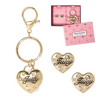 Juicy Couture Gold-Tone Heart Keychain & Earring Set with Crystal Accents