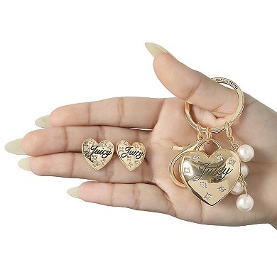 Juicy Couture Gold-Tone Heart Keychain & Earring Set with Crystal Accents