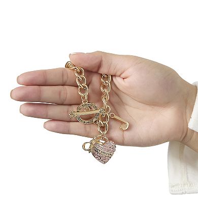Juicy Couture Pink Pavé Heart Toggle Bracelet, Gold‑Tone Curb Chain
