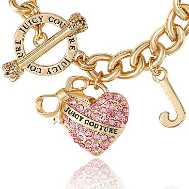Juicy Couture Pink Pavé Heart Toggle Bracelet, Gold‑Tone Curb Chain