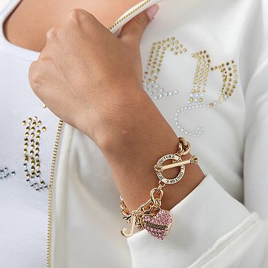 Juicy Couture Pink Pavé Heart Toggle Bracelet, Gold‑Tone Curb Chain