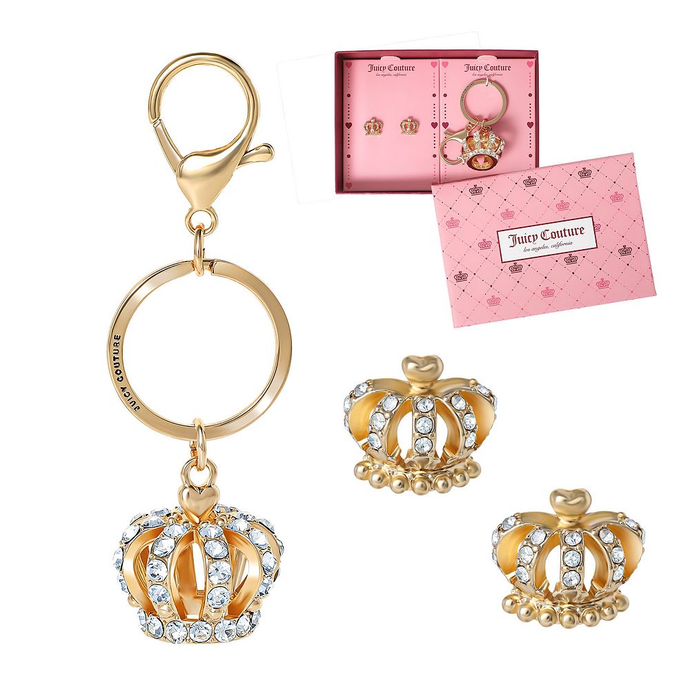 Juicy Couture Gold-Tone Crystal Crown Keychain & Earring Set