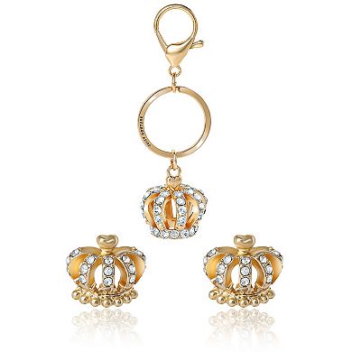 Juicy Couture Gold-Tone Crystal Crown Keychain & Earring Set