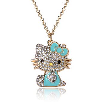 Sanrio Hello Kitty Aqua Green Enamel and Pave Crystal Necklace Official License, Gold-Tone 16+3 - G