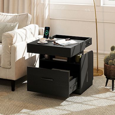 Gymax 2PCS Nightstand w/Charging Station Drawer Sliding Top Storage Tray Open Shelves