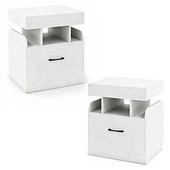 Gymax 2 pc Nightstand w/Charging Station Drawer Sliding Top Storage Tray Open Shelves