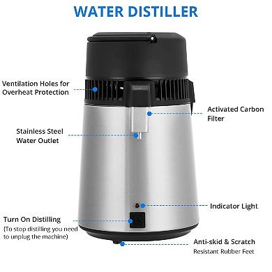 4L Stainless Steel Water Distiller, 1.1 Gallon, Glass Container, for Home/Office/Lab/Aquarium