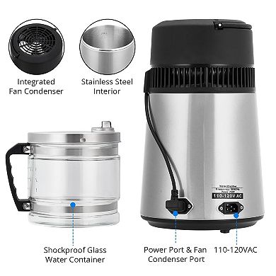 4L Stainless Steel Water Distiller, 1.1 Gallon, Glass Container, for Home/Office/Lab/Aquarium