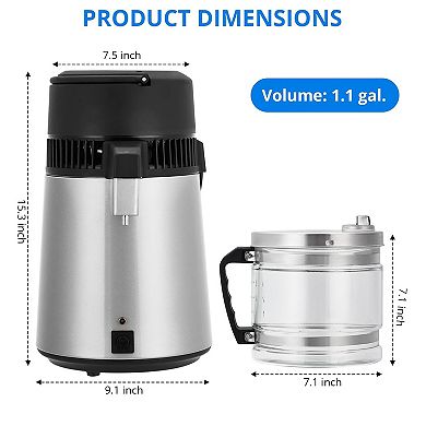 4L Stainless Steel Water Distiller, 1.1 Gallon, Glass Container, for Home/Office/Lab/Aquarium