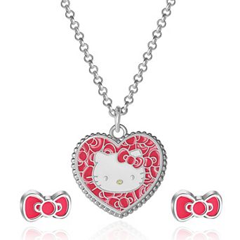 Hello Kitty Heart Necklace & Bow Earrings Set Officially Licensed 16" + 3" Extender