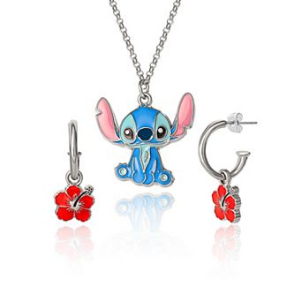 Disney Lilo & Stitch Jewelry Set, Flower Charm Hoop Earrings and Necklace, 16+3" Necklace