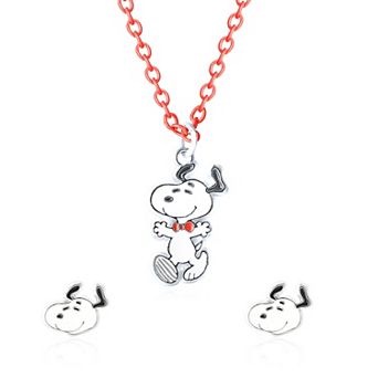 Peanuts Snoopy Necklace and Snoopy Stud Earrings Jewelry Set, 16"+3" Necklace with Red Chain