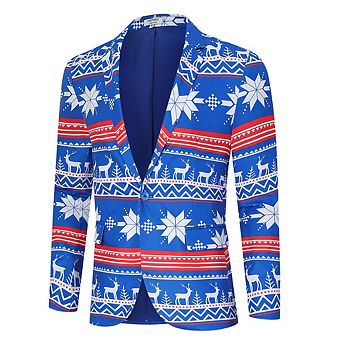 Men's Christmas Party Blazer Printed Jacket Long Sleeve Casual Suit Coat with Shawl Collar