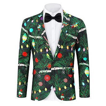 Men's Christmas Party Blazer Printed Jacket Long Sleeve Casual Suit Coat with Shawl Collar