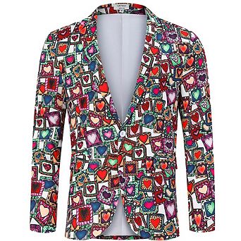Men's Christmas Party Blazer Printed Jacket Long Sleeve Casual Suit Coat with Shawl Collar