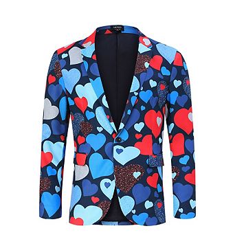 Men's Christmas Party Blazer Printed Jacket Long Sleeve Casual Suit Coat with Shawl Collar