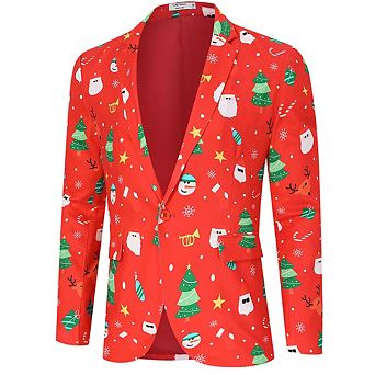Men's Christmas Party Blazer Printed Jacket Long Sleeve Casual Suit Coat with Shawl Collar