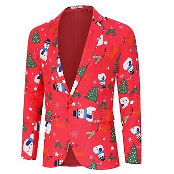 Men's Christmas Party Blazer Printed Jacket Long Sleeve Casual Suit Coat with Shawl Collar