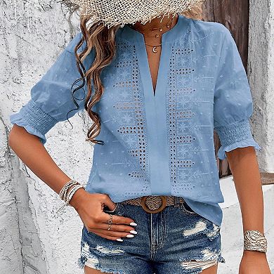 Women's Eyelet Embroidered Blouse Half Puff Sleeve V Neck Casual Daily Top