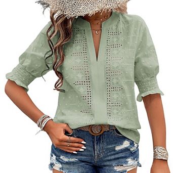 Women's Eyelet Embroidered Blouse Half Puff Sleeve V Neck Casual Daily Top