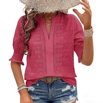 Women's Eyelet Embroidered Blouse Half Puff Sleeve V Neck Casual Daily Top