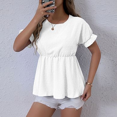 Women's Textured Peplum Blouse Ruffled Short Sleeve Smocked Waist Casual Daily Top
