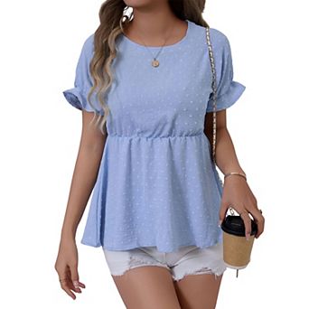 Women's Textured Peplum Blouse Ruffled Short Sleeve Smocked Waist Casual Daily Top