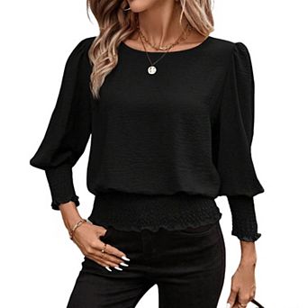 Women's Smocked Waist Blouse Long Puff Sleeve Round Neck Casual Daily Top