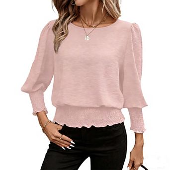 Women's Smocked Waist Blouse Long Puff Sleeve Round Neck Casual Daily Top