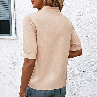 Women's Embroidered Stand-Collar Blouse Half Puff Sleeve Casual Daily Top