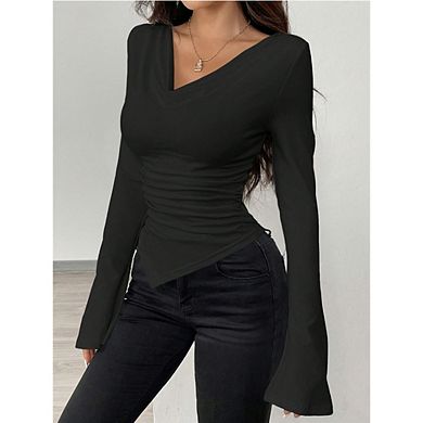 Women's Long Sleeve Top V-Neck Asymmetric Hem Blouse Flared Sleeve Versatile Styling Shirt