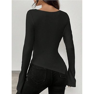 Women's Long Sleeve Top V-Neck Asymmetric Hem Blouse Flared Sleeve Versatile Styling Shirt