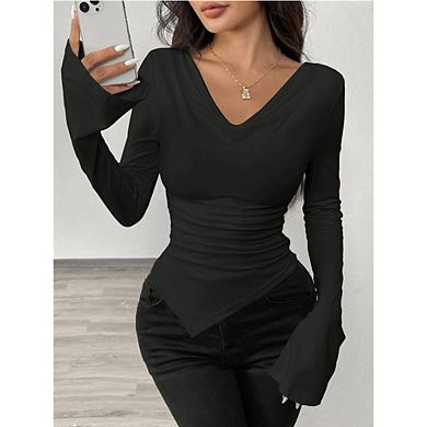 Women's Long Sleeve Top V-Neck Asymmetric Hem Blouse Flared Sleeve Versatile Styling Shirt