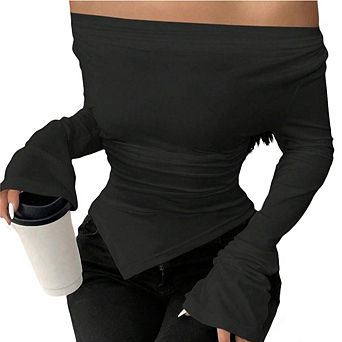 Women's Long Sleeve Top V-Neck Asymmetric Hem Blouse Flared Sleeve Versatile Styling Shirt