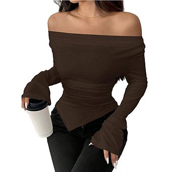 Women's Long Sleeve Top V-Neck Asymmetric Hem Blouse Flared Sleeve Versatile Styling Shirt