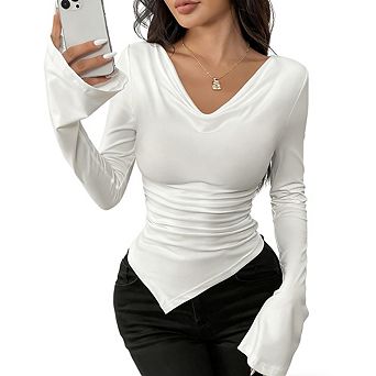 Women's Long Sleeve Top V-Neck Asymmetric Hem Blouse Flared Sleeve Versatile Styling Shirt
