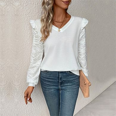 Women's V-Neck Long Sleeve Top Lace Sleeves Ruffle Casual Elegant Blouse