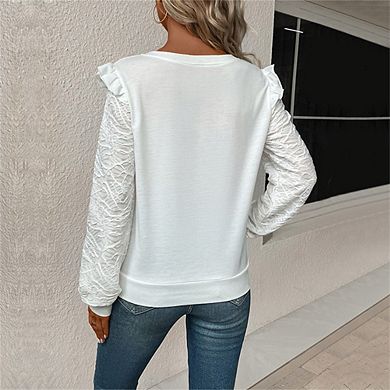 Women's V-Neck Long Sleeve Top Lace Sleeves Ruffle Casual Elegant Blouse
