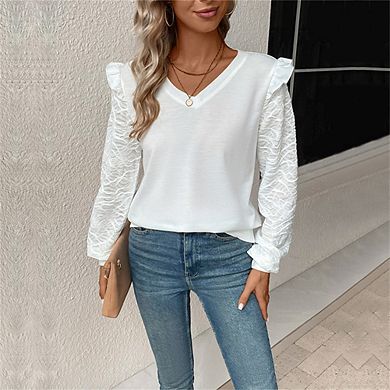 Women's V-Neck Long Sleeve Top Lace Sleeves Ruffle Casual Elegant Blouse