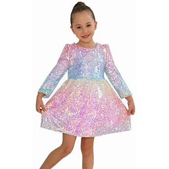 Girls' Long Sleeve Ombre Iridescent Sequin Party Dress