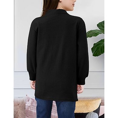 Girls Chunky Knit Cardigan Open Front Long Sleeve Casual Sweater Coat with Pockets