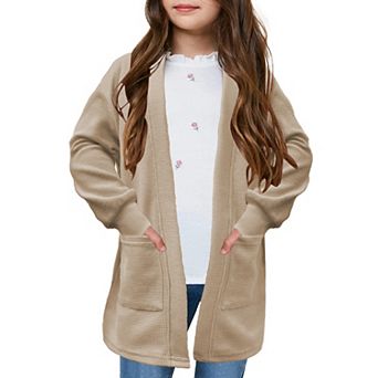 Girls Chunky Knit Cardigan Open Front Long Sleeve Casual Sweater Coat with Pockets