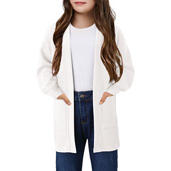Girls Chunky Knit Cardigan Open Front Long Sleeve Casual Sweater Coat with Pockets