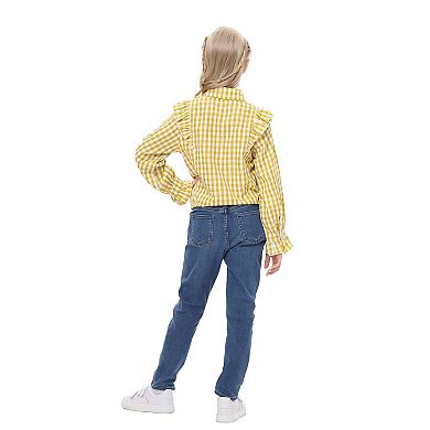 Girls Long Sleeve Button Down Plaid Shirt Ruffle Tie Knot Blouse